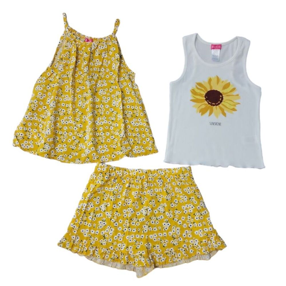 Mustard Floral - Zunie Girl's 3 Piece Tank and Short Relaxed Fit Play Outfit Set